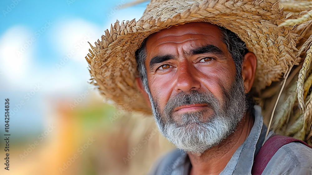Fototapeta premium Portrait of a weathered man wearing a straw hat, exuding wisdom.