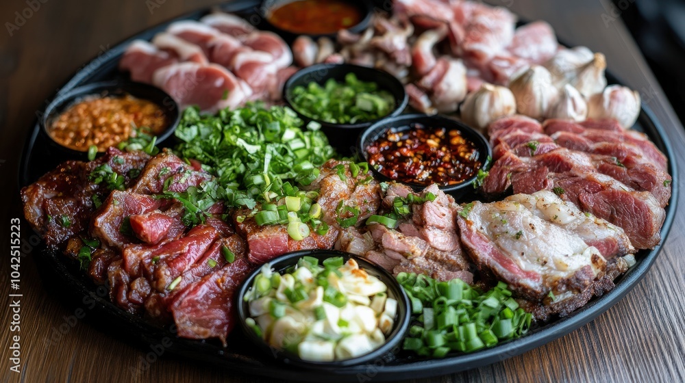 Clear shot of a vibrant platter featuring different cuts of marinated meats, alongside fresh garlic, green onions, and spicy dipping sauces. Clear shot of a vibrant platter featuring different cuts of marinated meats, alongside fresh garlic, green onions, and spicy dipping sauces.