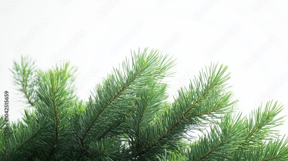 Obraz premium A detailed Full HD shot of a lush pine tree, with its bright green branches clearly visible from top to bottom, set against a pure white background for contrast.