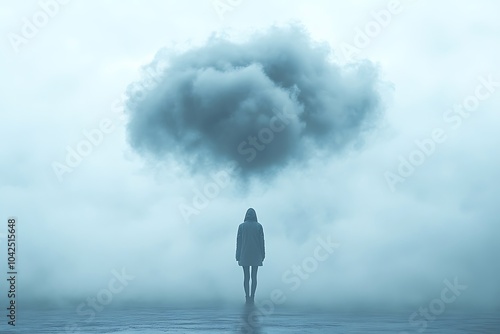 A lone woman stands beneath a dark cloud in a foggy landscape. photo