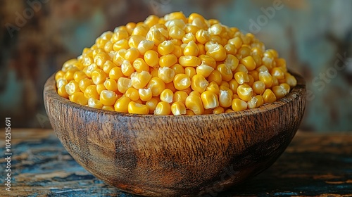 Close-up of Raw Corn Kernels in a Wooden Bowl photo