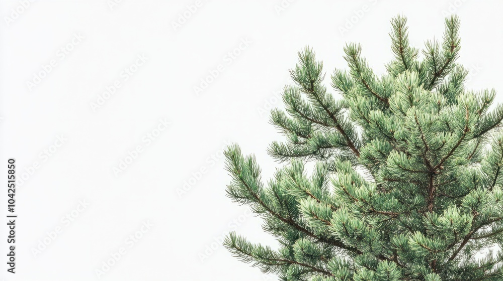 Obraz premium A Full HD, high-resolution image of a fully visible pine tree with lush green branches, vibrant in color, and set against a clean white background for clarity and focus.