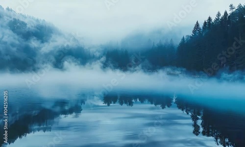 Serene Misty Lake with Pine Trees and Rippling Water at Dawn in a Tranquil Forest Setting photo