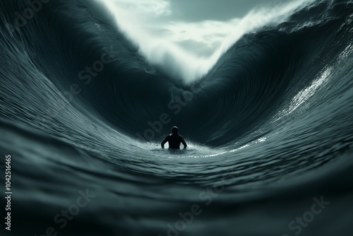 A Surfer Paddling Out to Sea With Massive Waves Rolling in, Ready to Catch the Next Big One, Sports Photography