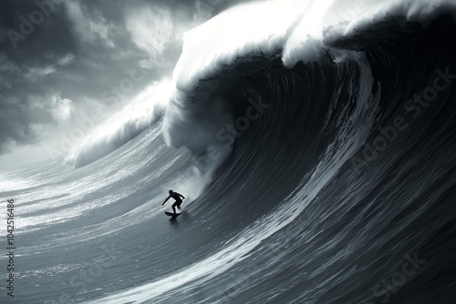 A Surfer Paddling Out to Sea With Massive Waves Rolling in, Ready to Catch the Next Big One, Sports Photography