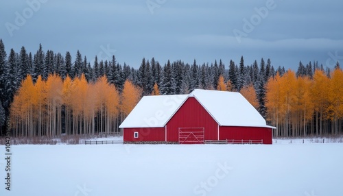 A red barn in a snowy landscape with autumn trees in the background.