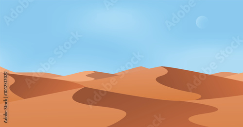 Sand dunes desert landscape with moon and blue sky