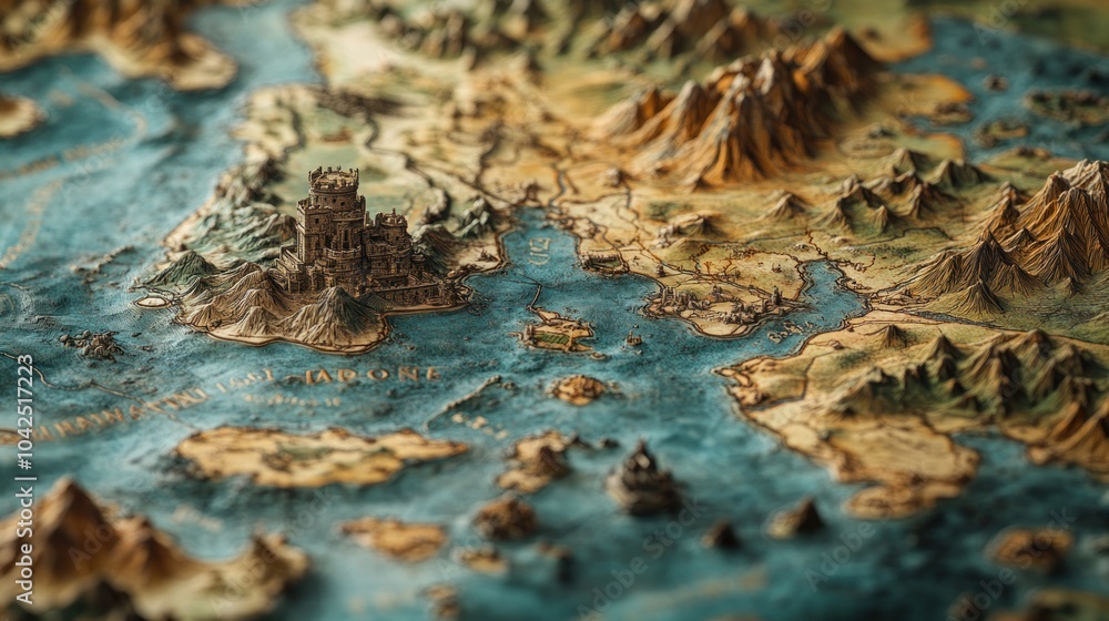 A close-up of a fantasy map with a castle on a cliff overlooking the sea. A close-up of a fantasy map with a castle on a cliff overlooking the sea.