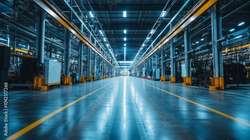 Empty Industrial Factory with Yellow Lines on Blue Floor