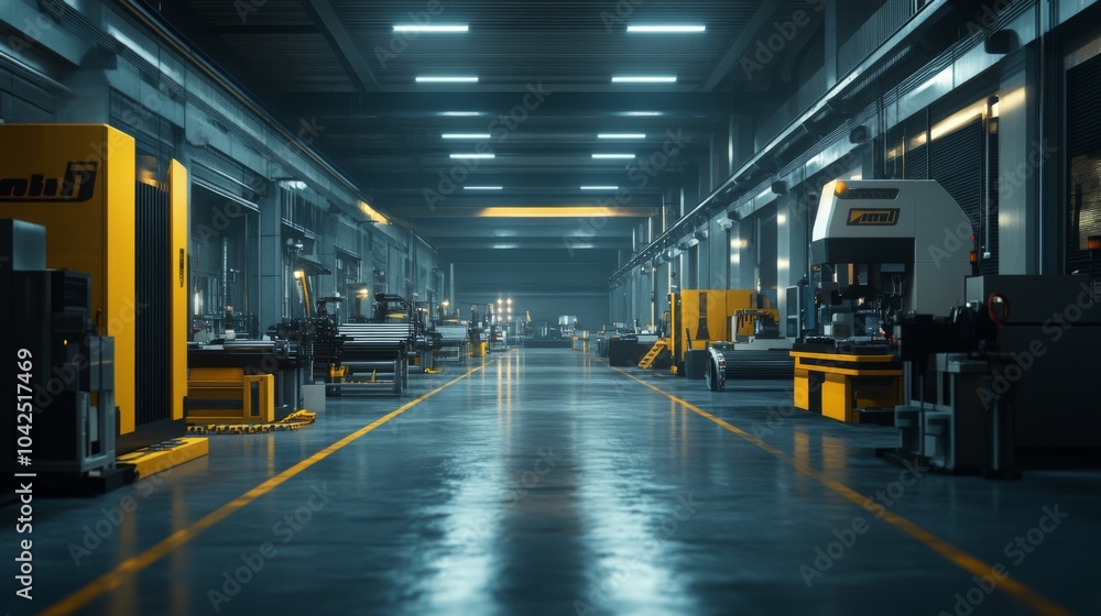 Obraz premium Industrial Factory Interior with Machinery and Yellow Lines