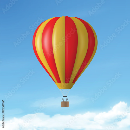 Vector Travel Banner with 3d Realistic Hot Air Balloon Icon on a Blue Sky Background. Design Template, Summer Vacation, Travelling, Tourism and Journey Concept