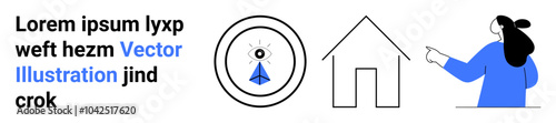 A woman pointing at a house with a surveillance camera icon and dummy text to the left. Ideal for home security, technology, smart home, surveillance, and safety. Banner for landing page