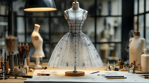 A dress form with a sketch-...