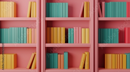 A pink bookshelf with books of different colors