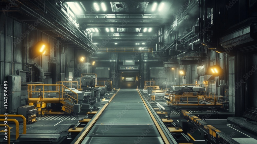 Industrial Conveyor Belt System in a Futuristic Factory Industrial Conveyor Belt System in a Futuristic Factory