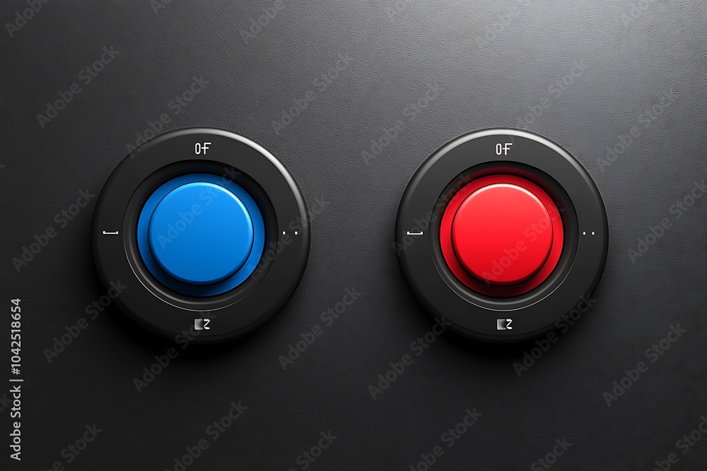 Two buttons, one red and one blue, set against a dark background. Two buttons, one red and one blue, set against a dark background.