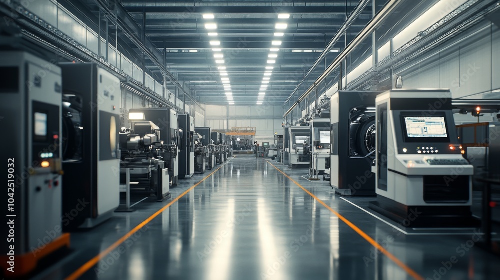 Industrial Factory Floor with Rows of Automated Machinery Industrial Factory Floor with Rows of Automated Machinery