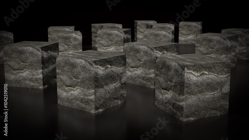 The Stone cube rock on black Background 3d rendering.