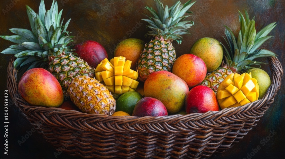 A wicker basket overflowing with ripe mangoes and pineapples A wicker basket overflowing with ripe mangoes and pineapples