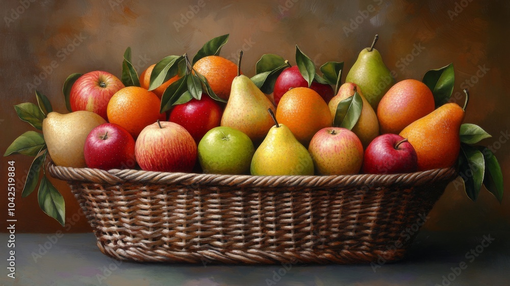 Still Life Painting of Fruit in a Wicker Basket Still Life Painting of Fruit in a Wicker Basket