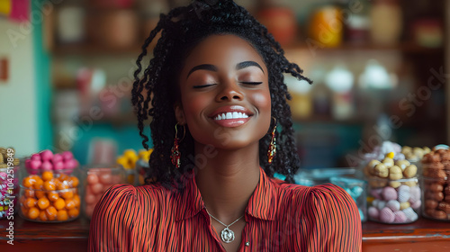 A joyful woman smiles in a ...