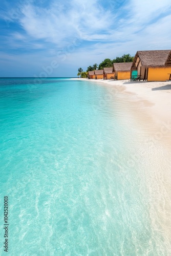 A serene beach scene with clear water and tropical huts.