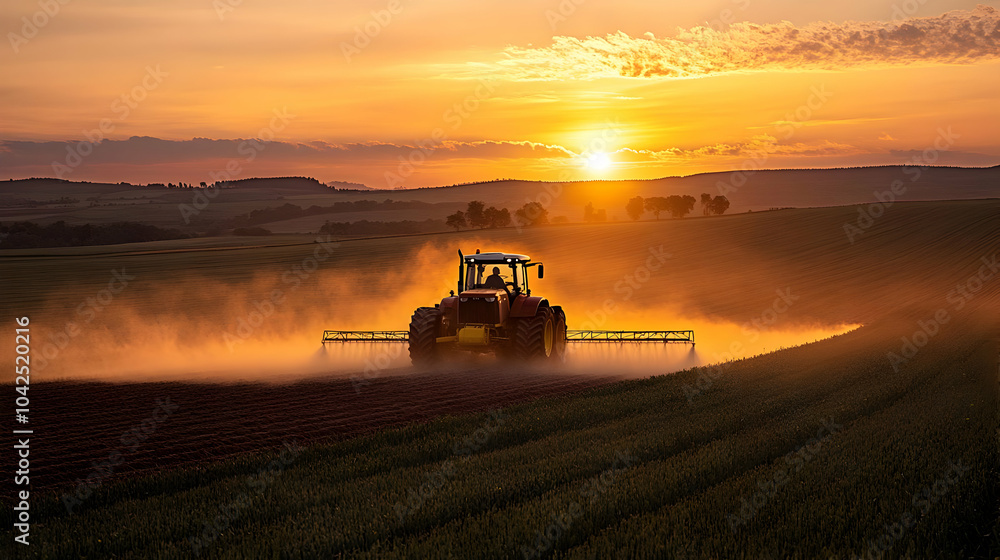 Fototapeta premium Tractor spraying fields at sunset, creating a serene agricultural scene.