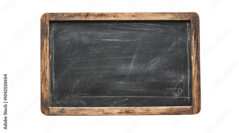 Fototapeta premium A blank blackboard with chalk on a white background, showcasing an empty wooden frame ideal for educational messages