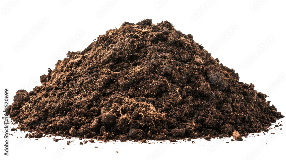Brown soil pile isolated on a white background, resembling cocoa powder, highlighting its organic texture and natural earthy qualities Brown soil pile isolated on a white background, resembling cocoa powder, highlighting its organic texture and natural earthy qualities
