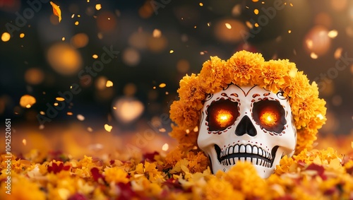 Mesmerizing diorama of a decorated skull surrounded by vibrant marigold petals, symbolizing cultural celebration, vibrancy, and the connection between life and death, illuminating the spirit.