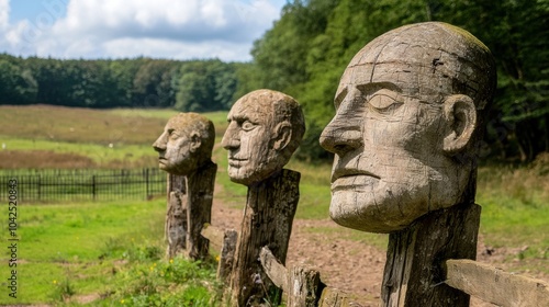 Wooden Sculpture Heads in a Natural Landscape