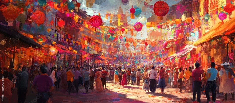 Naklejka premium A bustling street scene in a vibrant city decorated with colorful lanterns and flags, filled with people and a festive atmosphere.