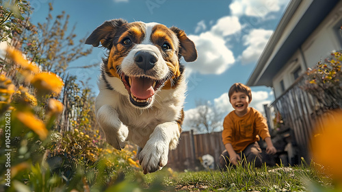 A joyful dog runs towards a...