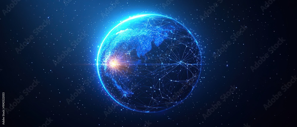 Abstract globe with blue digital network connections glowing in space. Abstract globe with blue digital network connections glowing in space.
