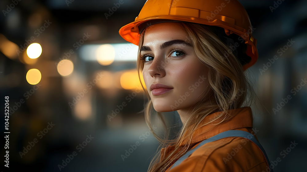 A young woman in a hard hat poses in an industrial setting. A young woman in a hard hat poses in an industrial setting.