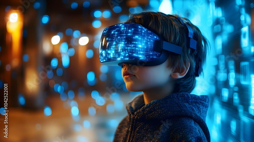 A child wearing a VR headse...
