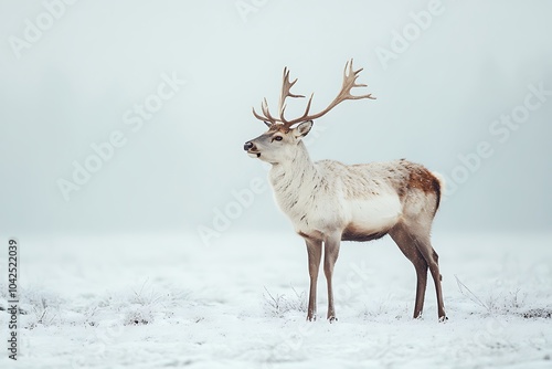 A graceful northern deer standing in a serene winter landscape. photo