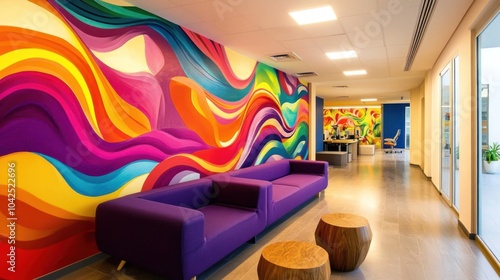 A modern office hallway with a vibrant colorful wall mural and two purple sofas in front of the wall.
