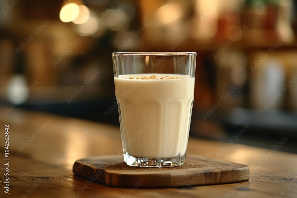 A tall glass of creamy, pale yellow milkshake topped with a sprinkling of brown, crunchy granola rests on a round wooden cutting board on a woodgrain bar counter in a brightly lit coffee shop. A tall glass of creamy, pale yellow milkshake topped with a sprinkling of brown, crunchy granola rests on a round wooden cutting board on a woodgrain bar counter in a brightly lit coffee shop.