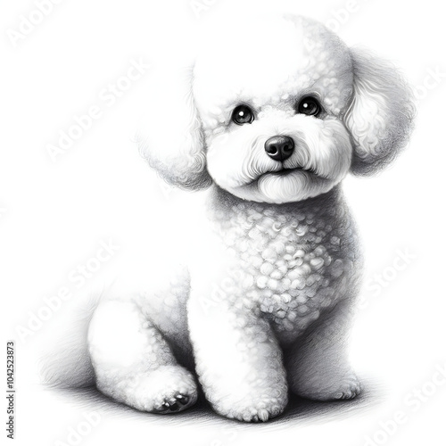 흰 배경, 비숑 프리제, 펜슬 드로잉 (white background, Bichon frisé, pencil drawing) photo