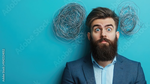 Pensive bearded businessman with a speech bubble containing tangled lines on a blue backdrop representing chaotic thoughts confusion and mental health challenges