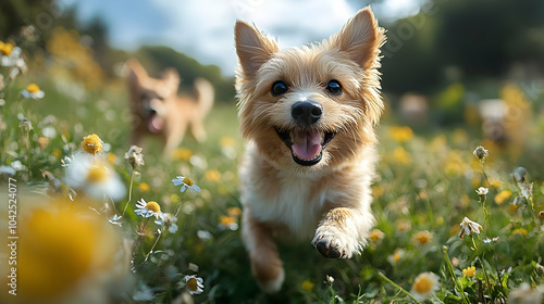Happy dogs playing in a flo...