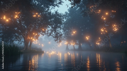 Magical firefly lights floating in misty air above an eerie swamp forest at night A fantasy 3D illustration created from original 3D rendering