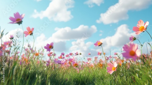 Beautiful meadow field featuring fresh grass and summer cosmos flowers in a 3D cartoon rendering