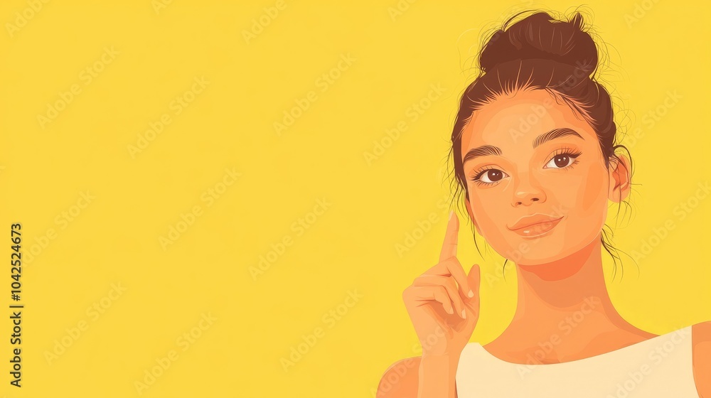 Portrait Of A Cheerful Young Mixed Race Girl Pointing To Copy Space Isolated On A Yellow Background Skin Care Makeup Beauty Treatment Concept