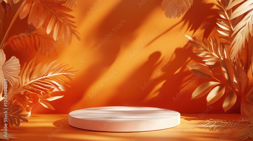 Cosmetic display podium with shadowed leaves on an orange backdrop 3D rendering Cosmetic display podium with shadowed leaves on an orange backdrop 3D rendering
