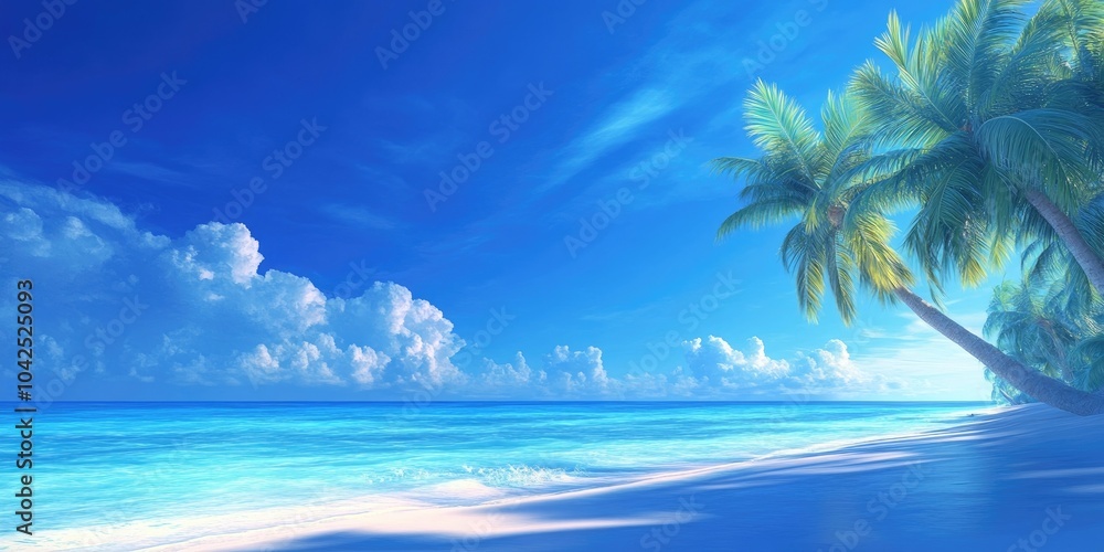 Obraz premium Tropical coastline with palm trees under a clear blue sky, capturing the essence of a summer getaway, Tropical beach scene with palm trees and a clear blue sky