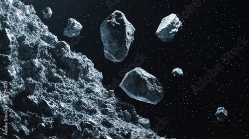 Isolated on a black background this high resolution 3D cartoon rendering features an asteroid field with numerous meteorites designed for easy integration into your project photo