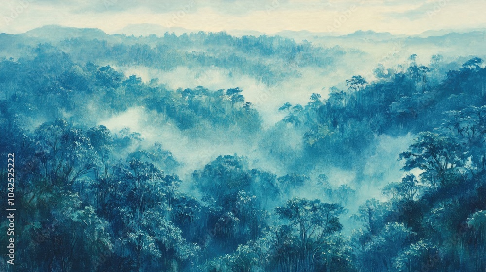 Oil painting depicting a serene misty morning enveloping a lush forest