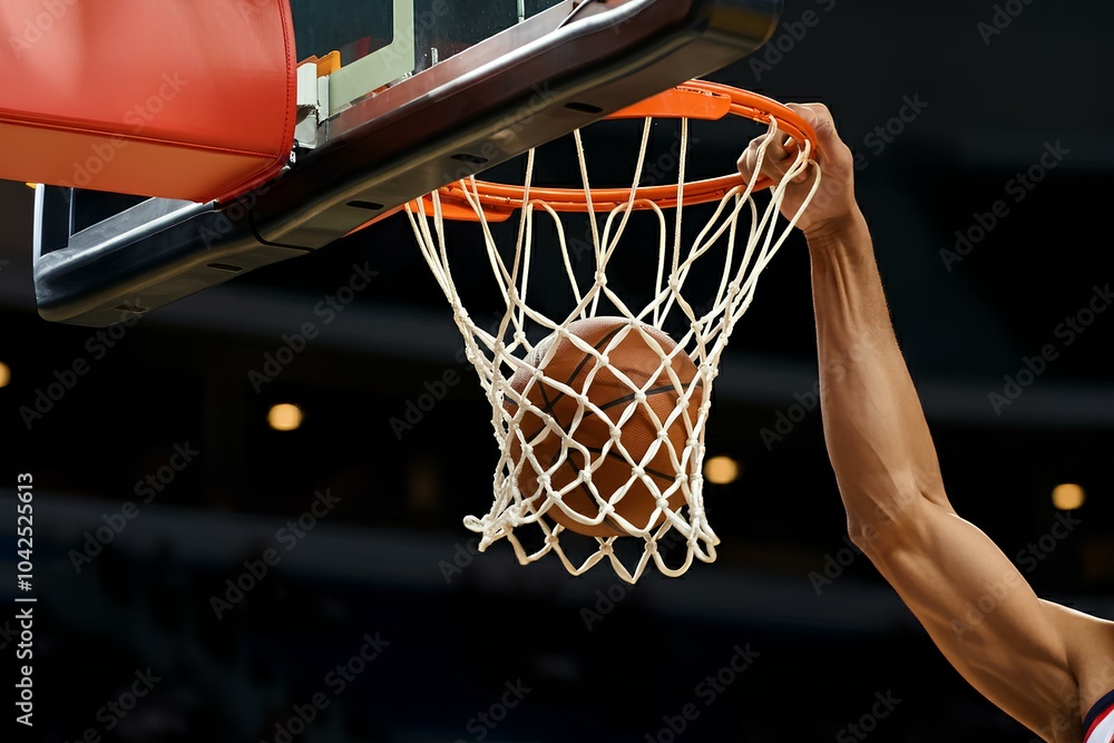 Fototapeta premium バスケットボール、ダンク｜Basketball, ball being dunked through basket, close up.